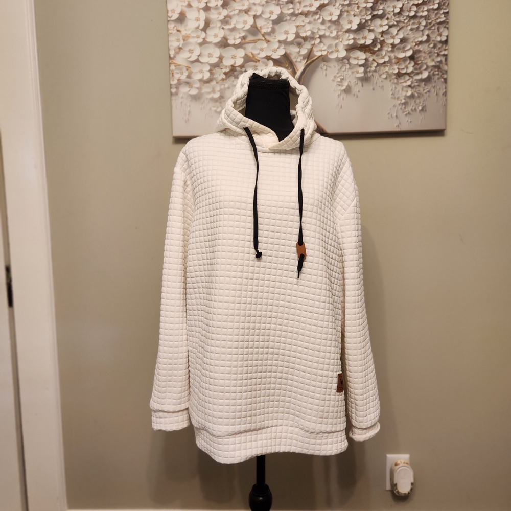 REI Cream Waffle-Knit Hoodie with Black Drawstrings